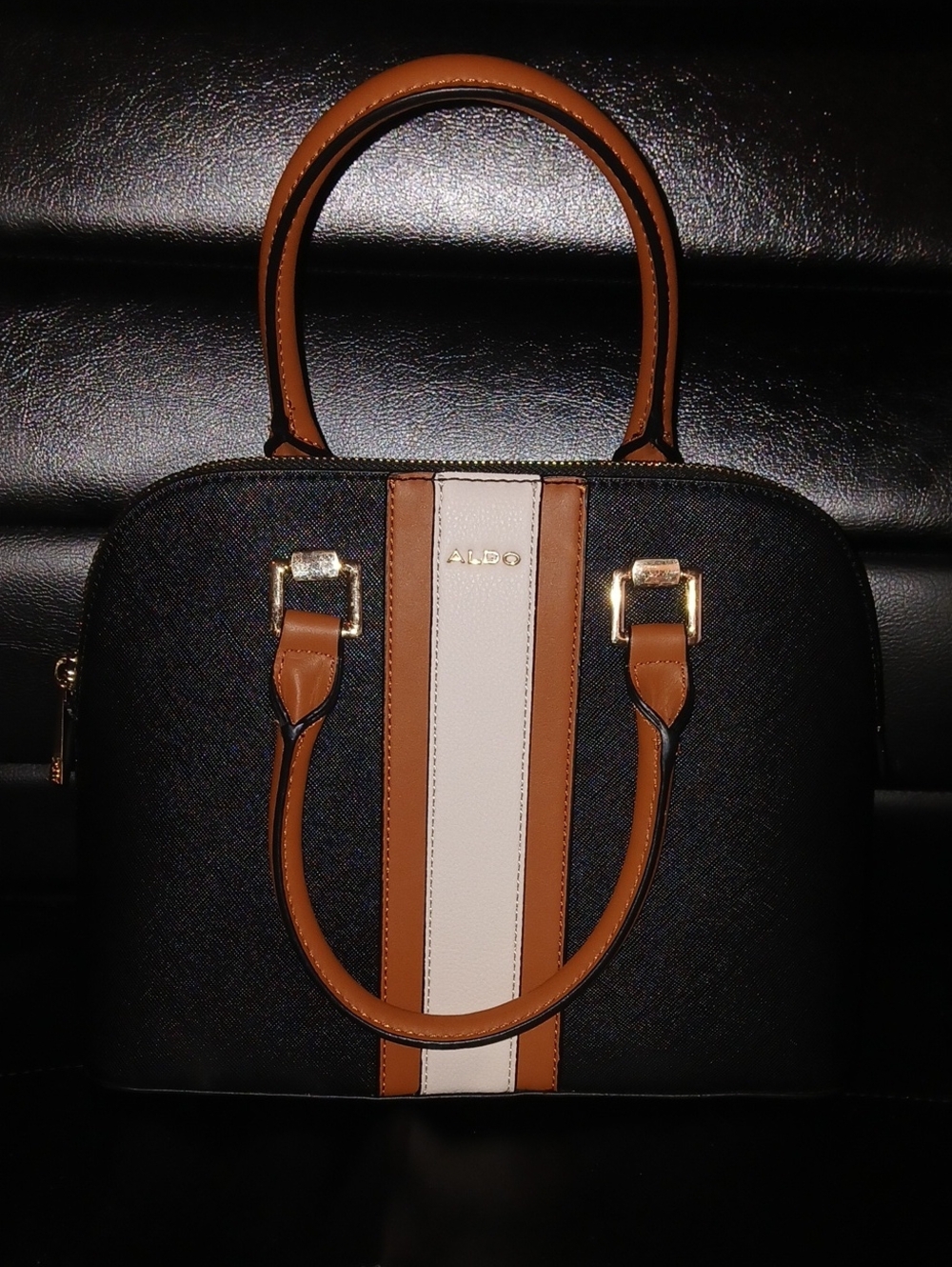 ALDO Black, Tan and White Dome Satchel with Center Stripe